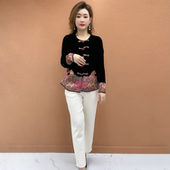 秋冬显瘦盘扣丝绒拼接开衫 洋气百搭减龄圆领国风外套 中老年妈妈装