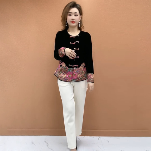 秋冬显瘦盘扣丝绒拼接开衫中老年妈妈装洋气百搭减龄圆领国风外套