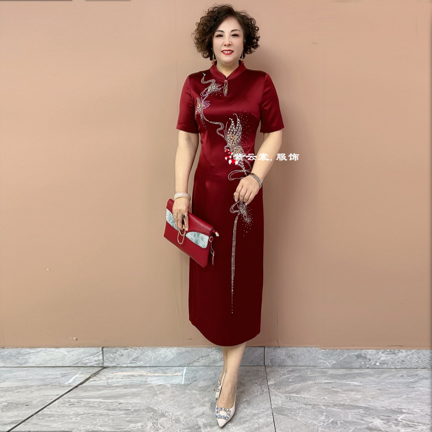 高贵气质喜婆婆婚宴短袖妈妈装礼服中式立领旗袍醋酸缎过膝连衣裙