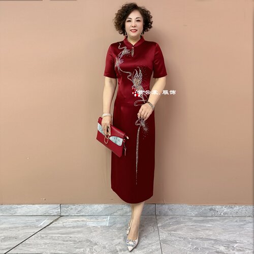 高贵气质喜婆婆婚宴短袖妈妈装礼服中式立领旗袍醋酸缎过膝连衣裙