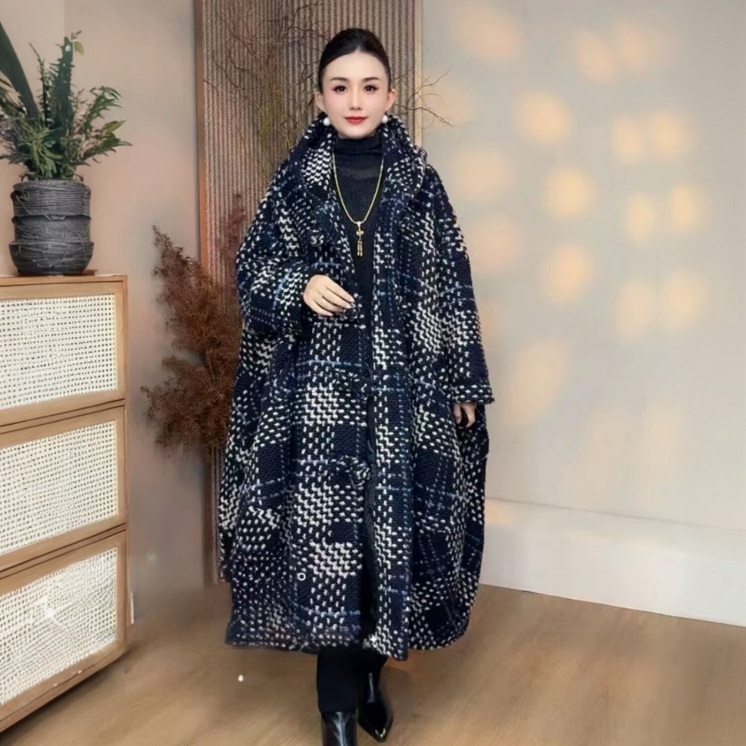 欧货秋冬阔太太高端复古格子风衣外套气质宽松长款200斤毛呢大衣,女装/女士精品,风衣,淘宝优惠券,粉丝福利购,淘宝优惠卷