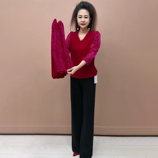 高端春秋冬丝绒长袖年轻妈妈装宽松V领镶钻上衣遮肉显瘦打底小衫