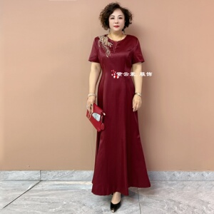 喜婆婆婚宴装夏季短袖新款年轻妈妈装礼服结婚旗袍鱼尾长款连衣裙