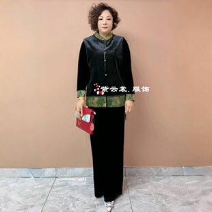 春装中年妈妈新中式国风洋气真丝绒马夹时尚宽松马甲坎肩大码套装
