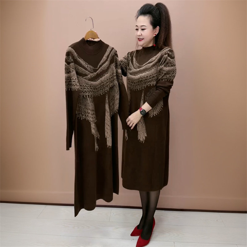 2025新款中年妈妈针织羊毛连衣裙宽松大码高端长款过膝打底毛衣裙