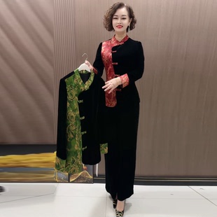 国风秋冬中老年妈妈装长袖丝绒拼接盘扣旗袍开衫弹力大码打底上衣