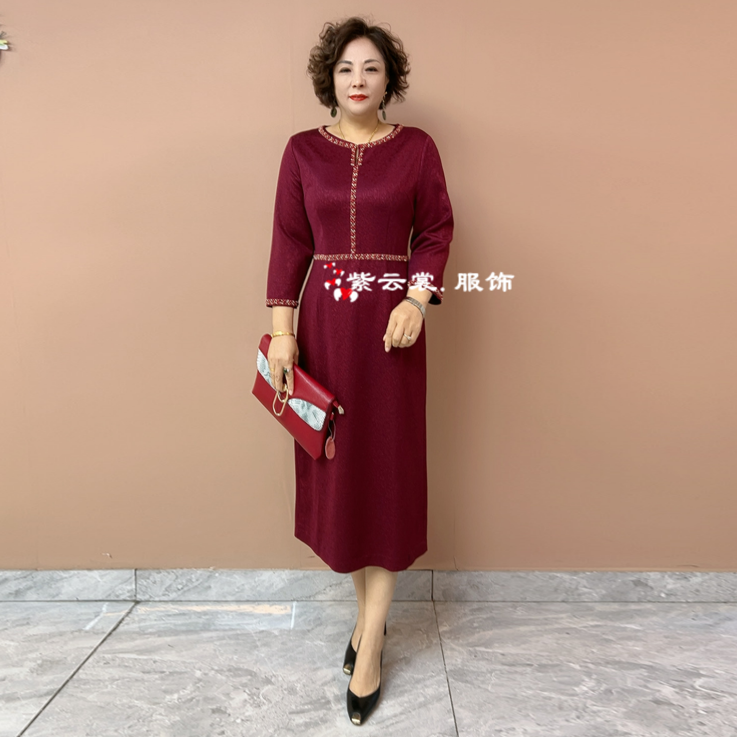 喜婆婆婚宴年轻妈妈婚礼珠光旗袍结婚喜服平时可穿长款大码连衣裙