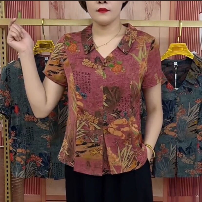 夏季短袖中老年妈妈时尚宽松真丝