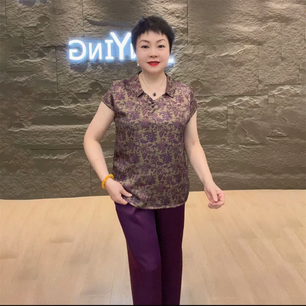 夏季新款醋酸短袖洋气娃娃领减龄旗袍衫上衣宽松遮肉小衫大码套装