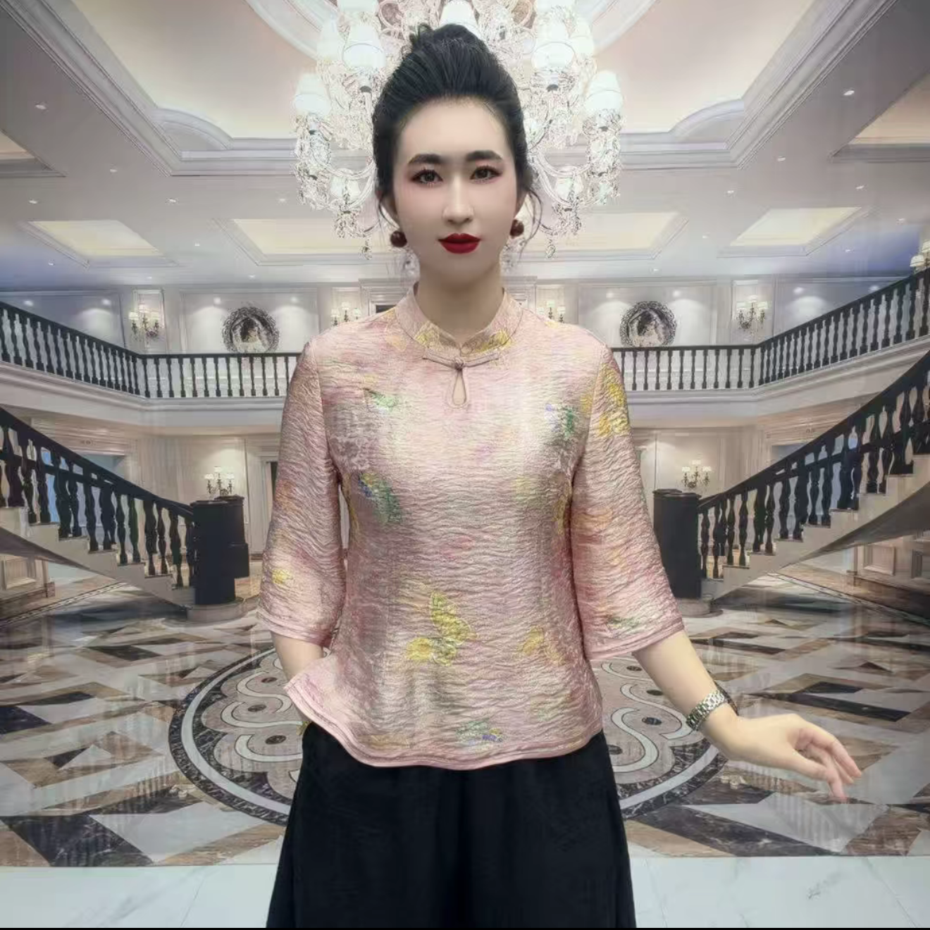 国风夏季短袖浮光锦丝缎上衣宽松洋气妈妈装减龄旗袍短款立领小衫