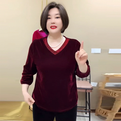 金丝绒V领烫钻妈妈装上衣