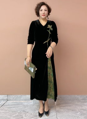 中式国风妈妈秋装连衣裙高贵金丝绒裙子时尚洋气中老年贵夫人长裙
