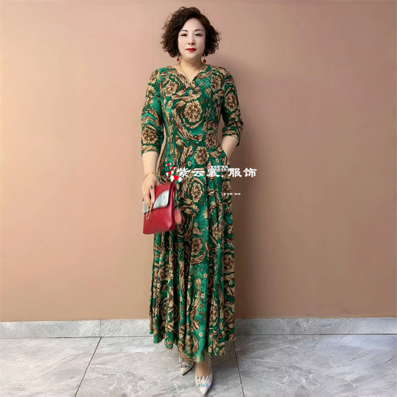 高端阔太太夏季中年妈妈连衣裙冰麻高弹洋气减龄优雅碎花大摆长裙