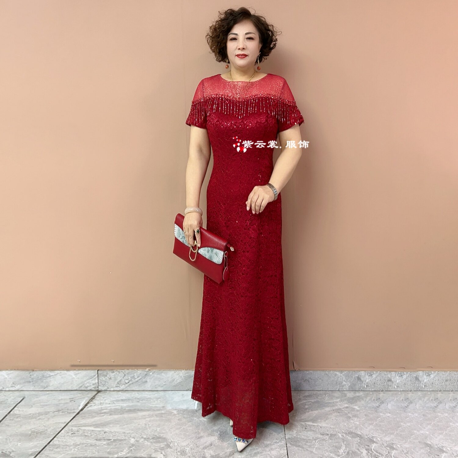 喜婆婆婚宴妈妈装婚礼蕾丝短袖旗袍结婚喜服长款鱼尾晚礼服连衣裙