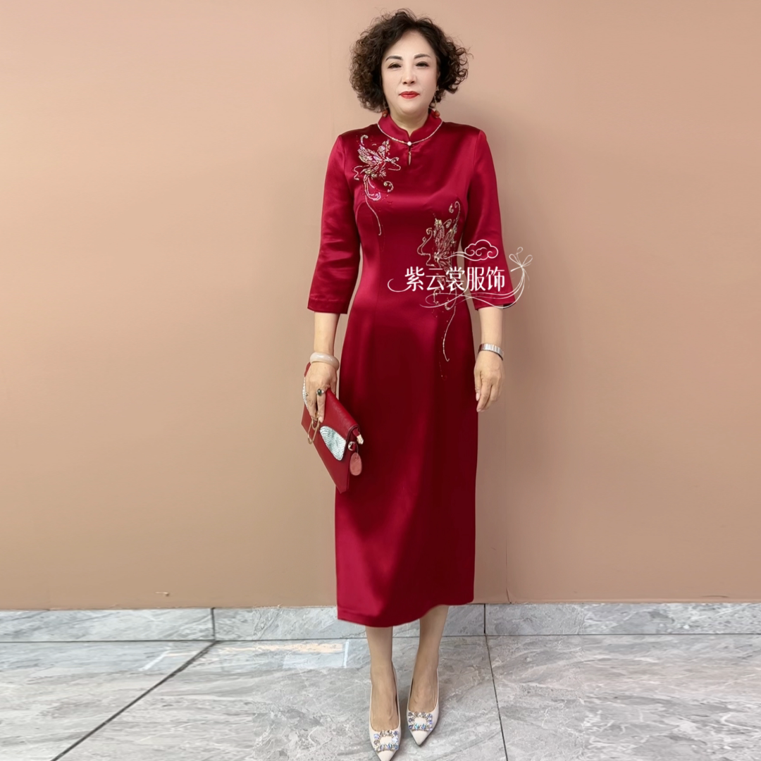 高贵喜婆婆婚宴年轻结婚妈妈装礼服中式旗袍醋酸时尚大码连衣裙女