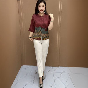 阔太太高端夏季国风真丝妈妈装洋气大码衬衫遮肉旗袍开衫薄款上衣