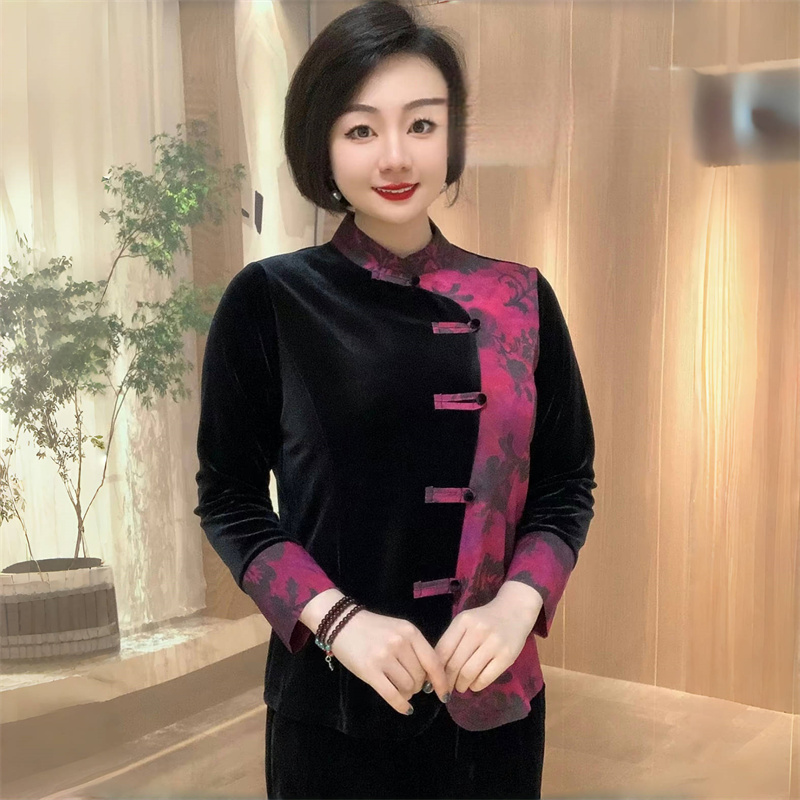 秋装真丝绒上衣中老年妈妈装遮肉显瘦洋气开衫长袖外套国风旗袍衫