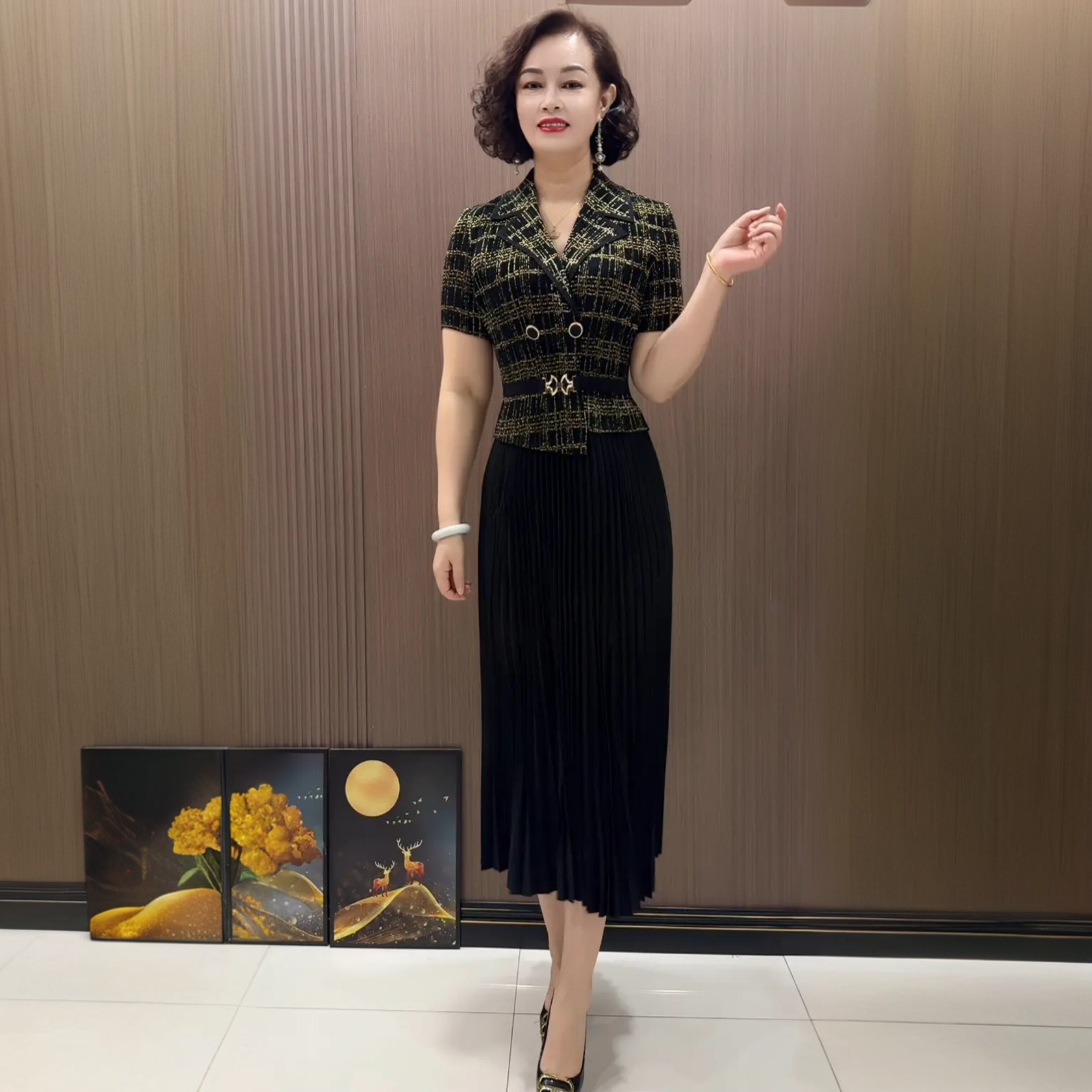 夏季新款时尚拼接短袖褶皱连衣裙年轻妈妈装气质减龄百褶气质长裙