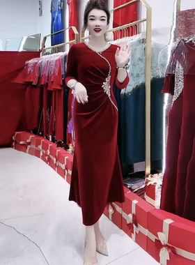 高端重工镶钻丝绒改良旗袍鱼尾裙轻奢高级感喜婆婆妈妈晚宴礼服女