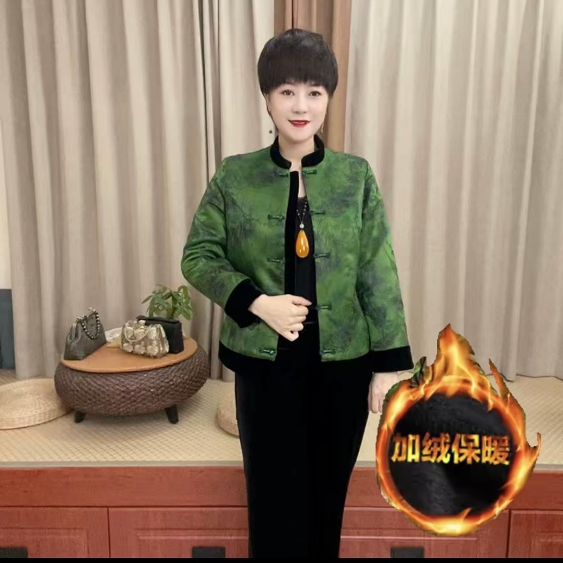 时尚冬季妈妈装丝绒复古短款棉服中老年加厚保暖唐装棉衣大码外套