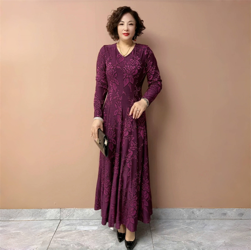 高端秋季贵夫人长袖提花连衣裙气质弹力大码中年妈妈装长款大摆裙