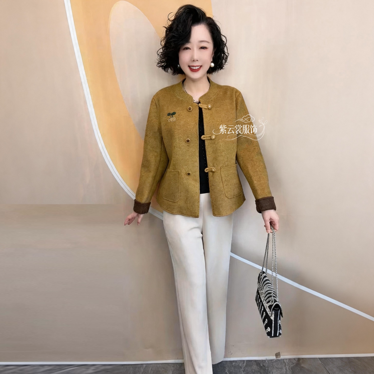 新中式双面绒大衣短款秋冬新款国风时尚百搭宽松毛呢长袖妈妈外套