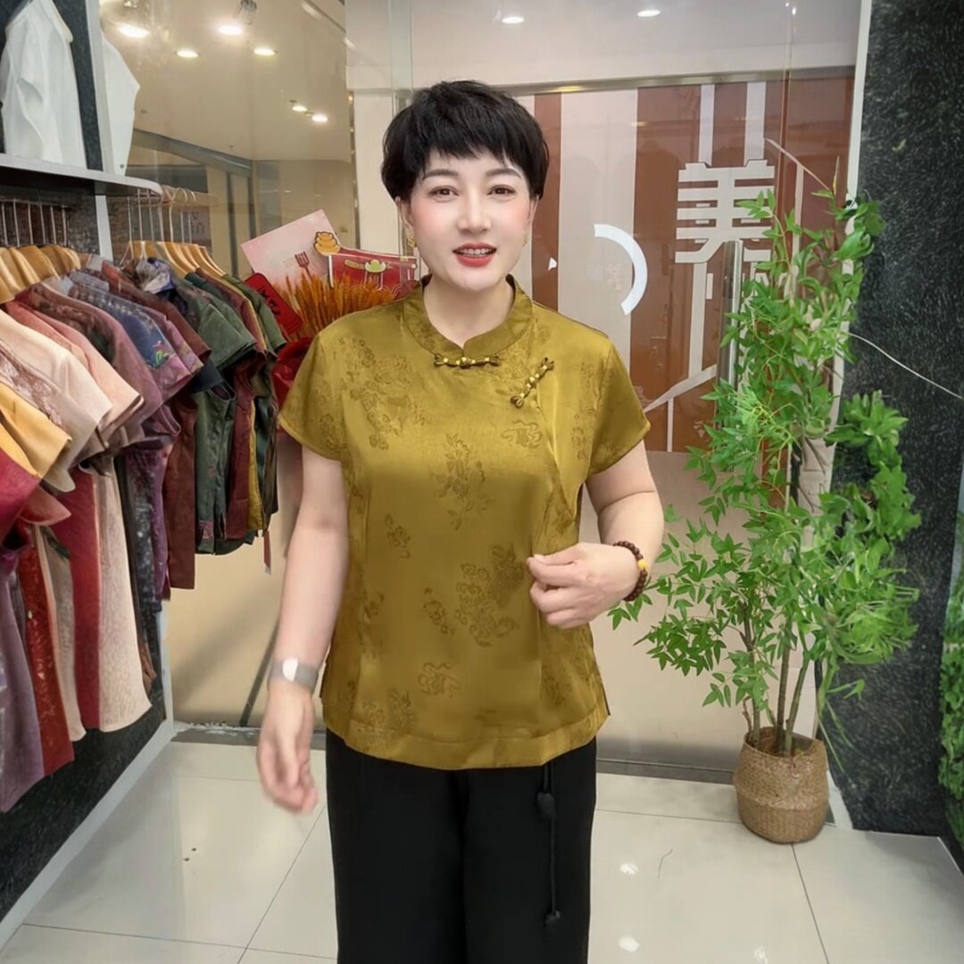 夏季醋酸丝缎短袖洋气提花旗袍衫上衣中年妈妈装宽松遮肉小衫大码