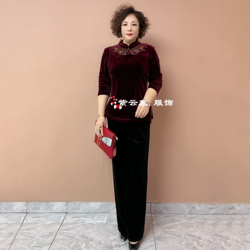 中老年妈妈秋冬丝绒长袖旗袍衫时尚洋气大码弹力显瘦打底小衫上衣