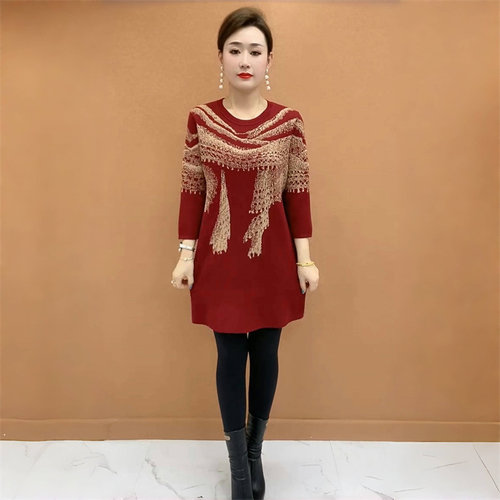 春季新款时尚洋气焦麻针织大版衫宽松遮肉弹力中长款小个子毛衣裙