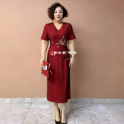 夏季短袖中年妈妈装减龄喜婆婆时尚洋气大码婚宴礼服假两件连衣裙