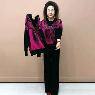 高端气质提花长袖针织衫毛衣秋冬宽松显瘦减龄中老年妈妈短款上衣