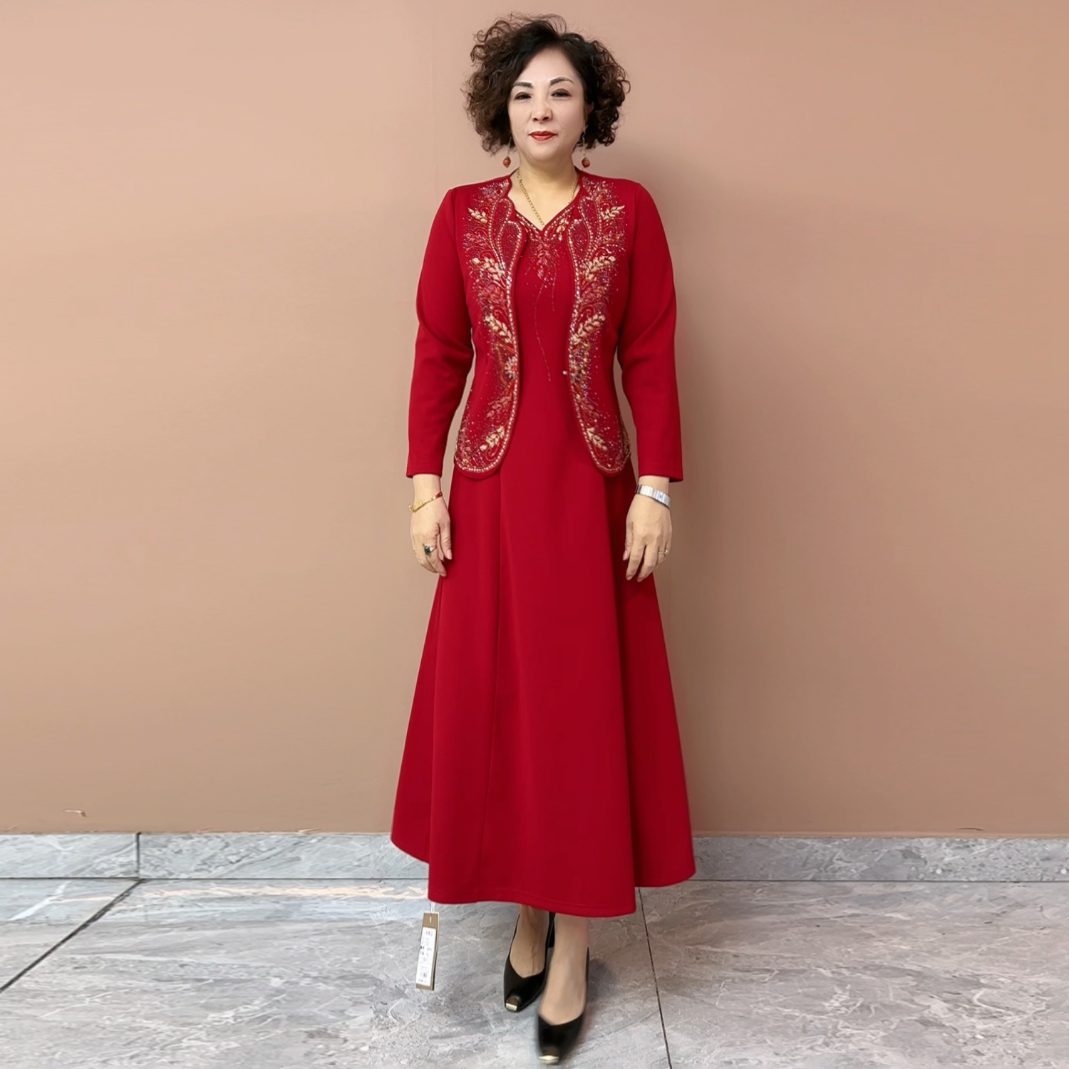高端喜婆婆两件套长款连衣裙结婚妈妈装婚礼服大码旗袍喜服敬酒服