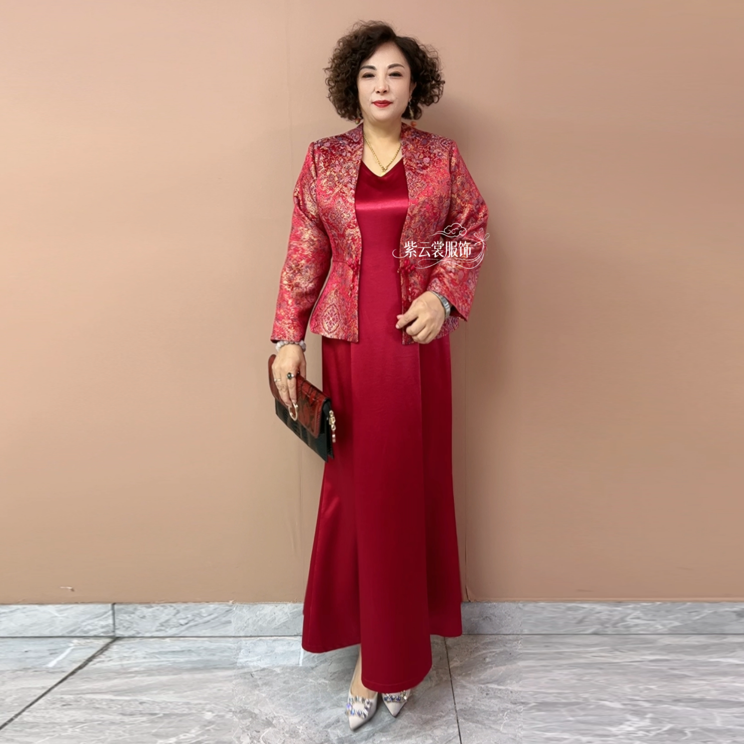 喜婆婆婚宴年轻妈妈礼服长袖外套结婚高贵大气鱼尾连衣裙两件套装