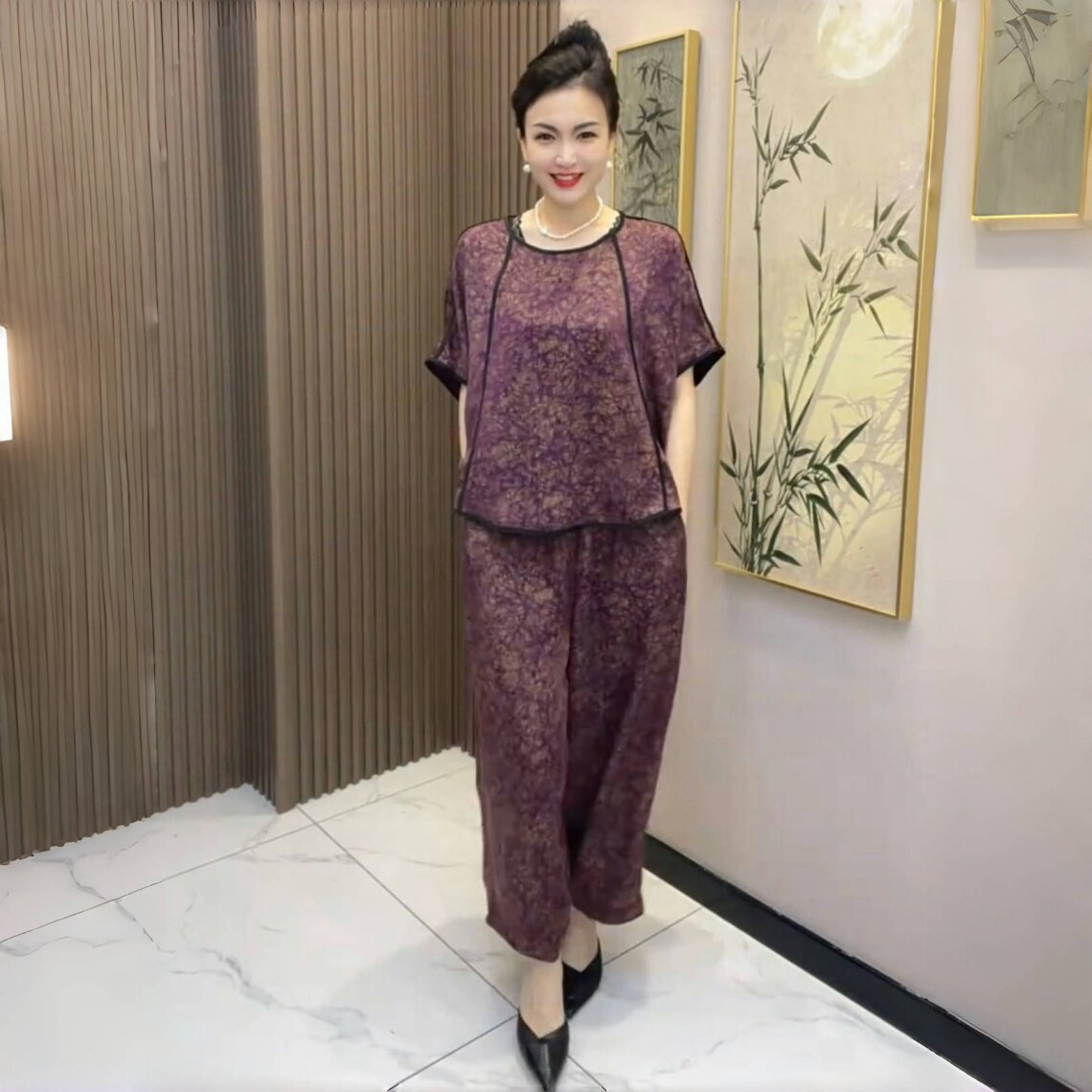 夏季大码高端真丝提花上衣宽松休闲阔腿裤遮肉显瘦妈妈洋气两件套