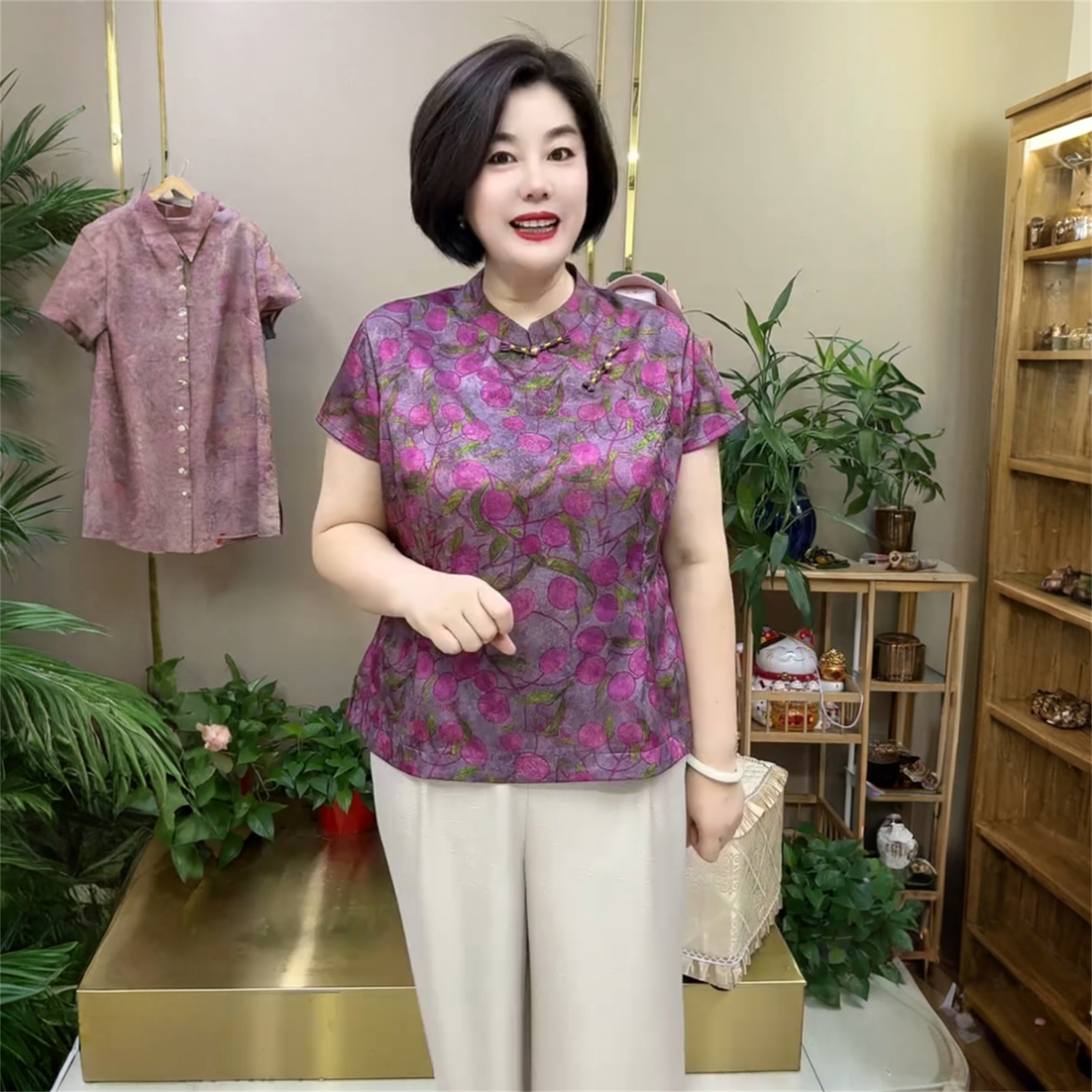 高端夏季国风醋酸短袖洋气旗袍衫上衣新中式中老年妈妈装宽松小衫
