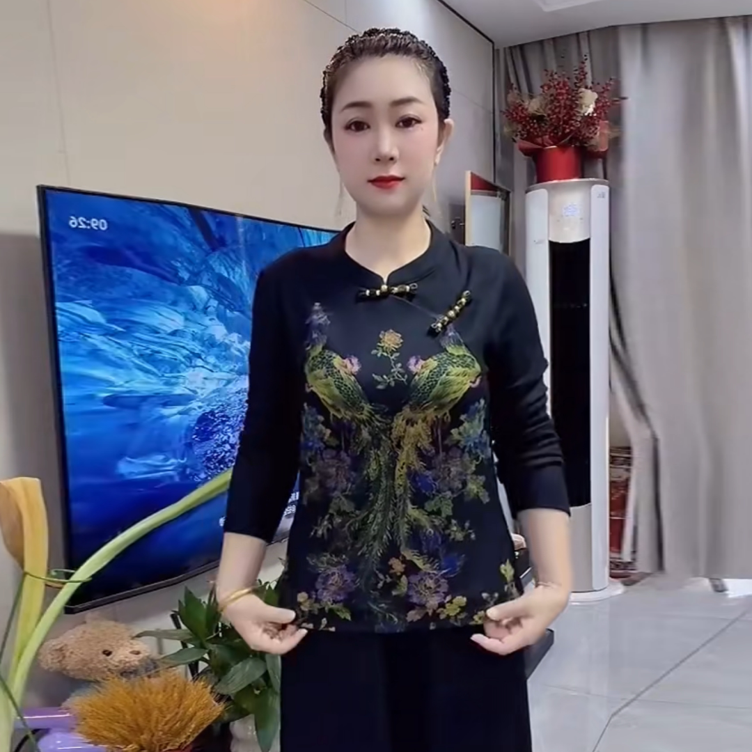 秋装国风定位花改良旗袍衫上衣弹力舒适大码中老年妈妈减龄打底衫