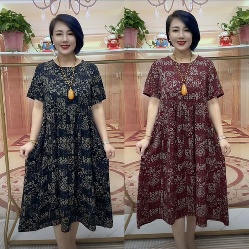 中老年妈妈夏装棉麻洋气大码长款遮肚子200斤加肥加大碎花连衣裙