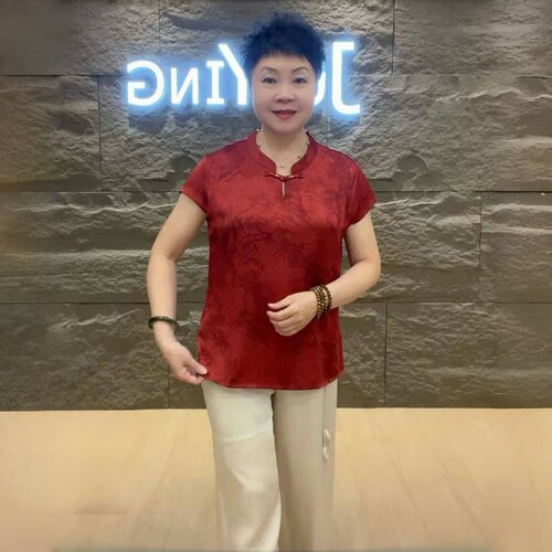 中老年妈妈夏季短袖真丝提花上衣短袖旗袍衫宽松遮肉洋气t恤小衫