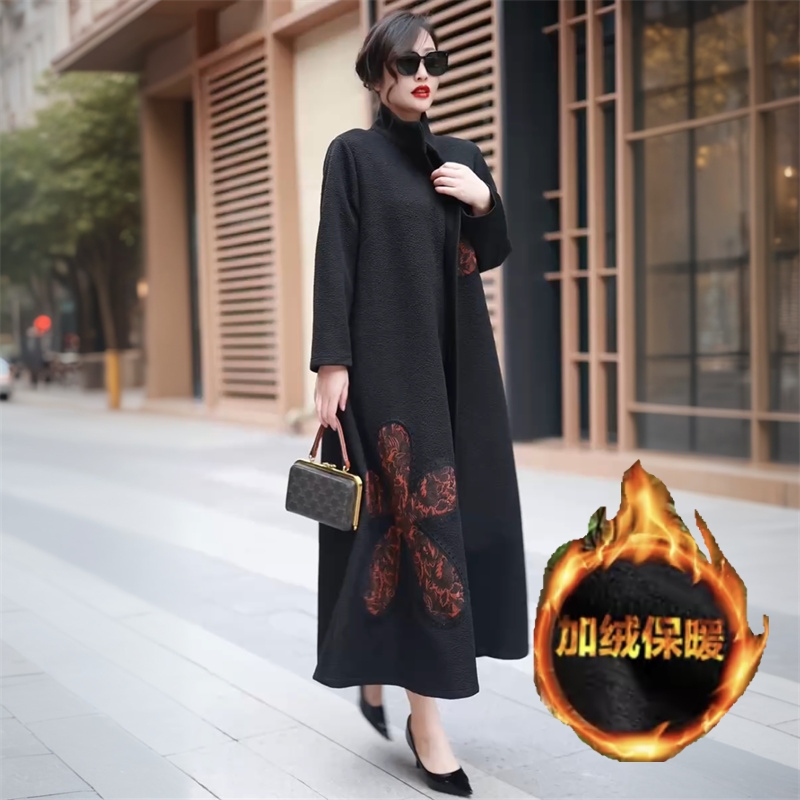 冬季加厚加绒保暖气质长款大衣时尚大码中老年妈妈装立领风衣外套
