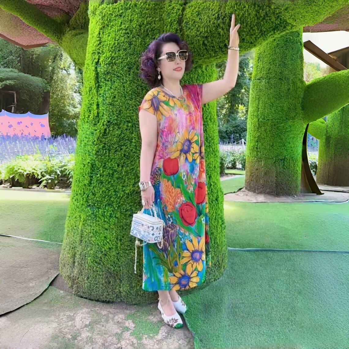 高端夏季短袖时尚洋气连衣裙气质中年妈妈减龄宽松大码碎花长裙子