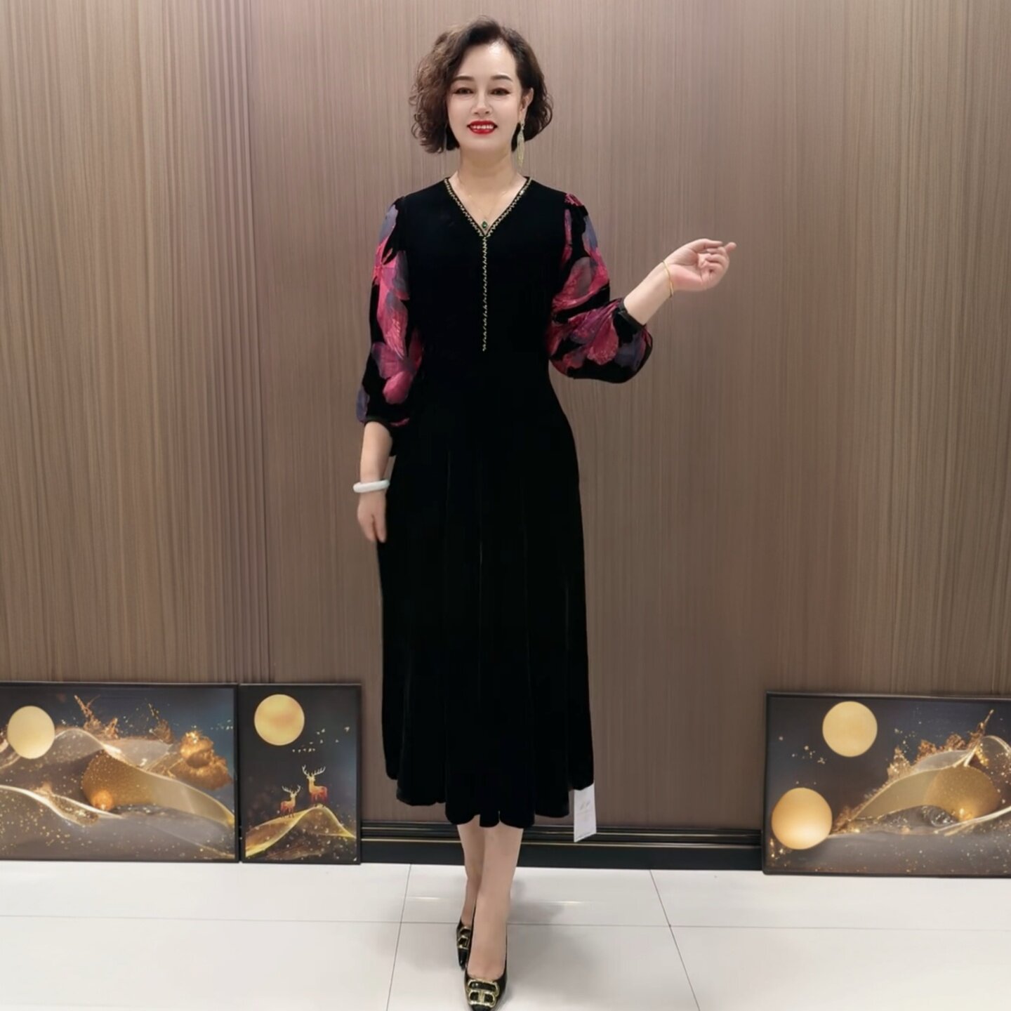 阔太太高端真丝绒连衣裙中老年妈妈气质遮肉拼接时尚洋气打底长裙