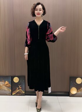 阔太太高端真丝绒连衣裙中老年妈妈气质遮肉拼接时尚洋气打底长裙