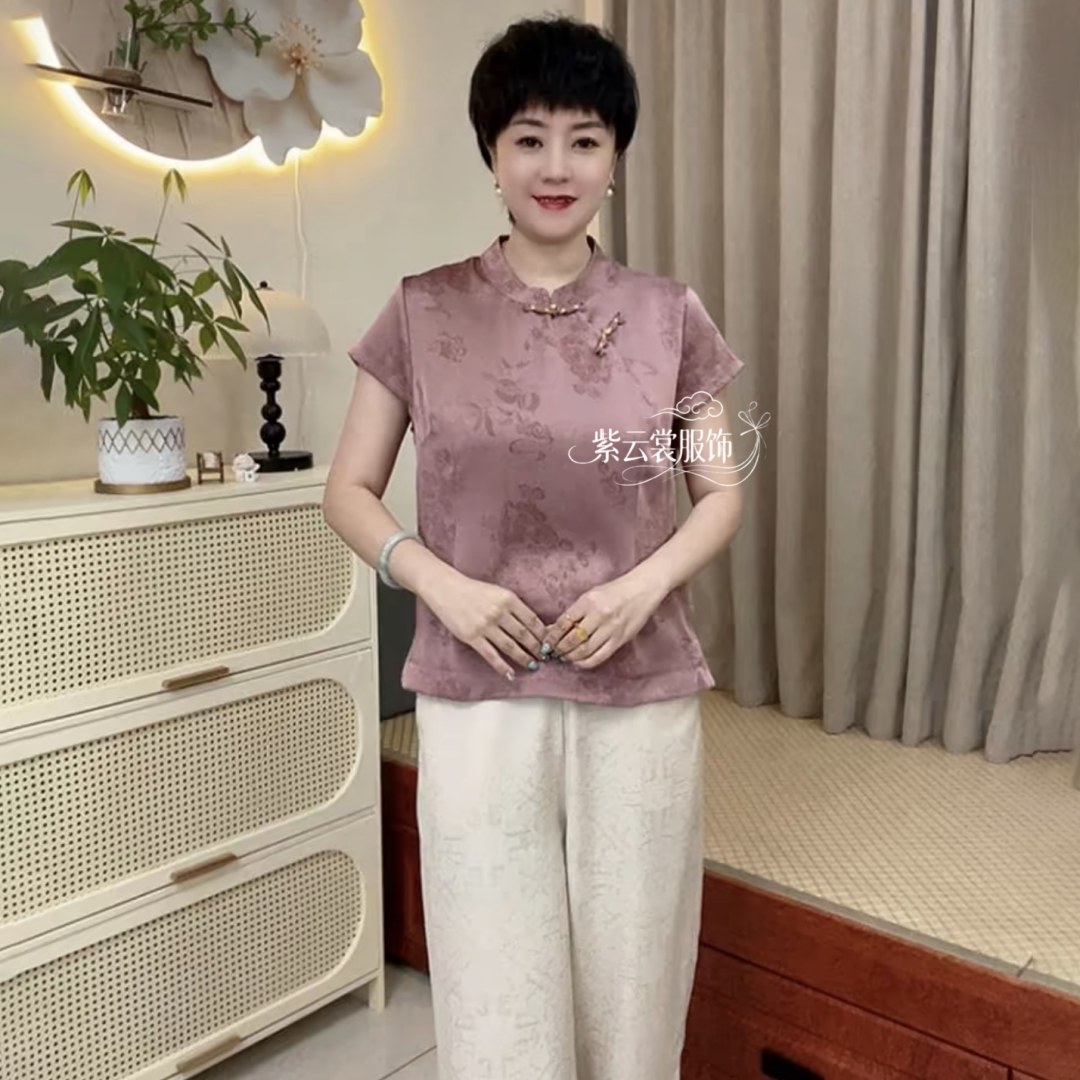 夏季醋酸丝缎短袖洋气提花旗袍衫上衣中年妈妈装宽松显瘦小衫大码