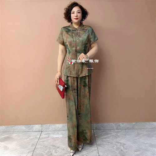 高端国风中老年妈妈盘扣旗袍衬衫夏季短袖阔腿裤真丝宽松两件套装