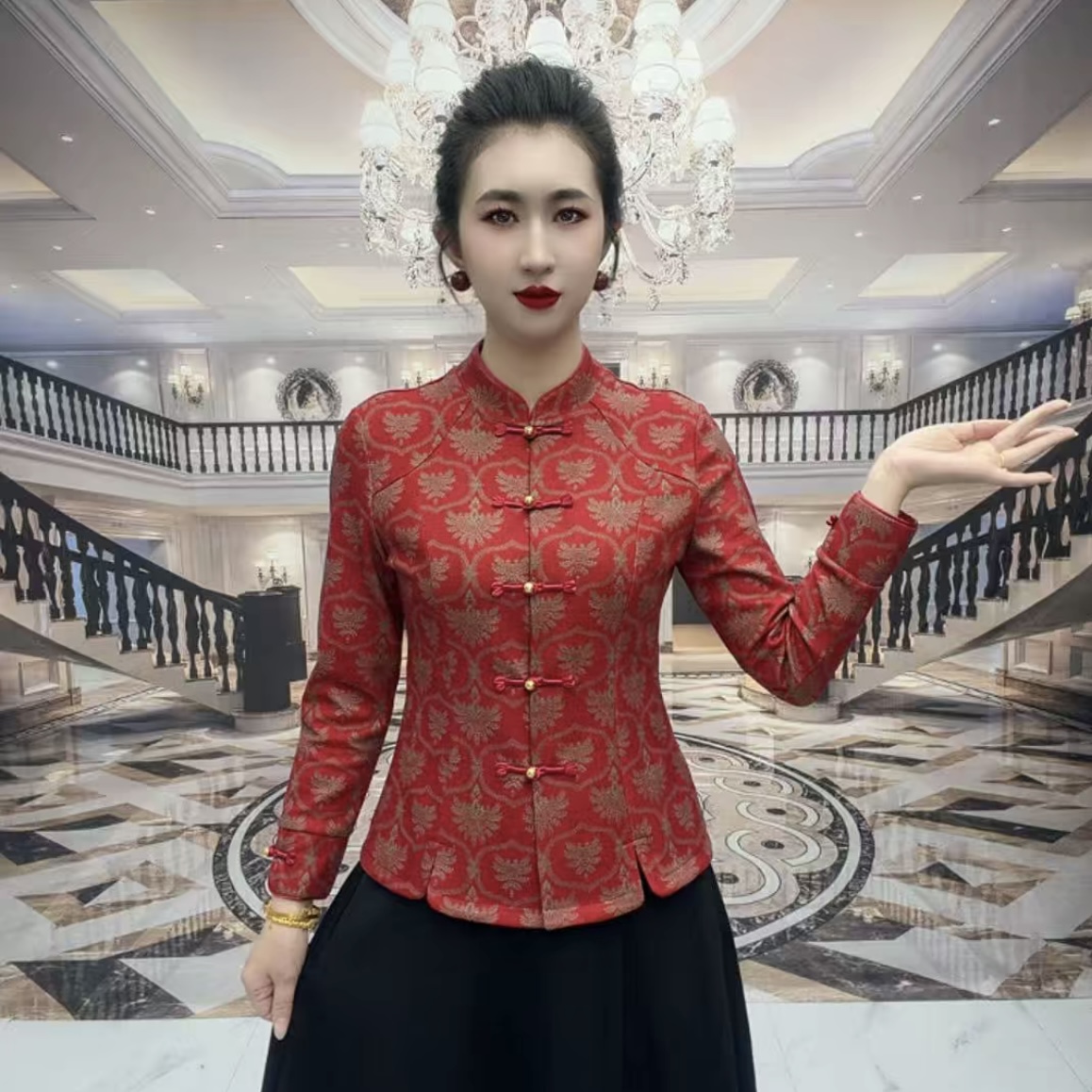 高端气质中老年妈装妈开衫冬季加绒保暖外套时尚弹力复古旗袍小衫