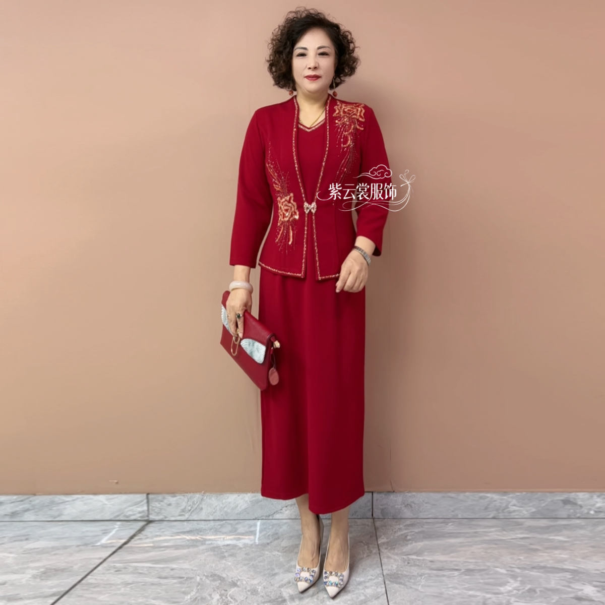 结婚妈妈装礼服高贵喜婆婆婚宴装时尚丈母娘旗袍两件套过膝连衣裙