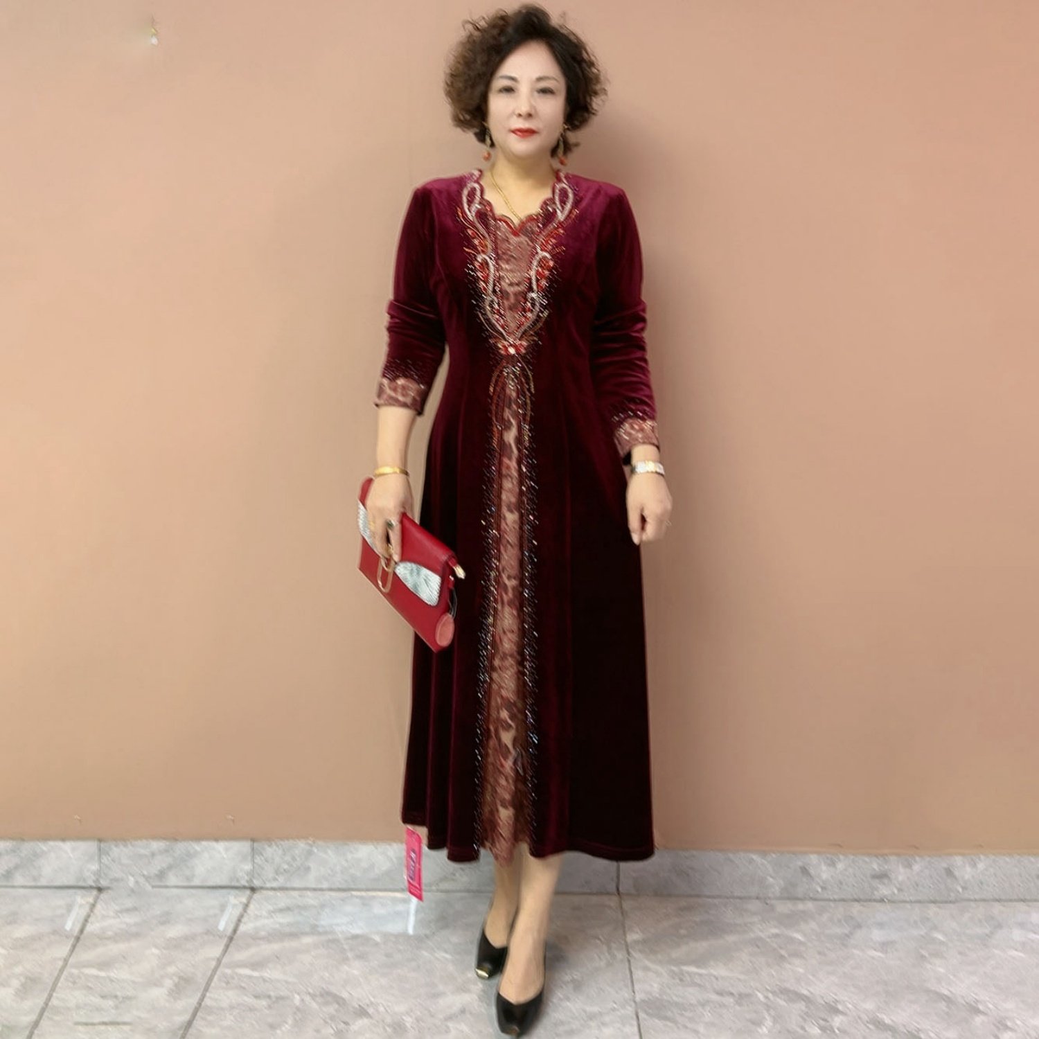 贵夫人高端秋冬丝绒气质假两件连衣裙收腰显瘦洋气年轻妈妈装长裙