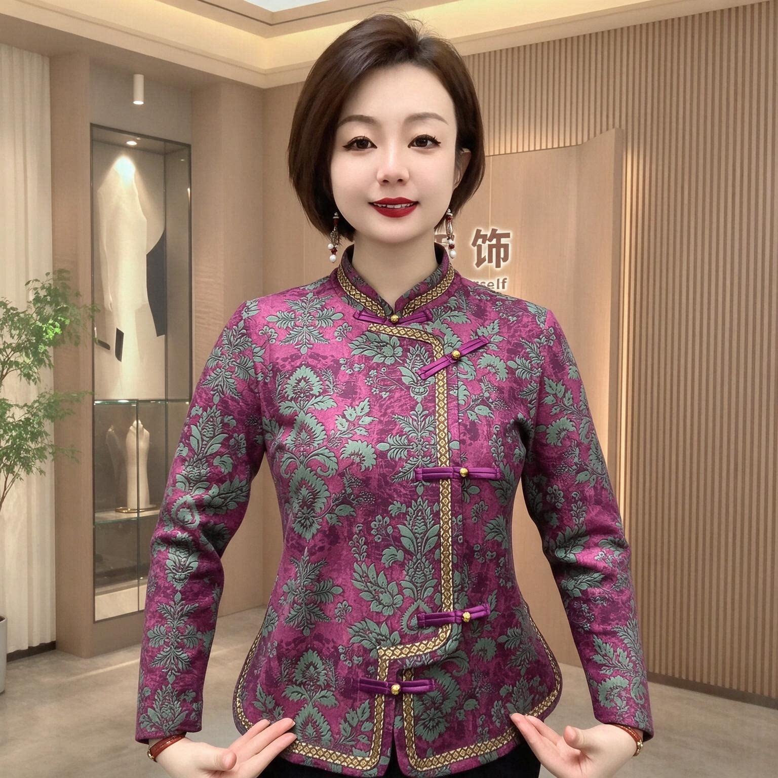 新中式秋冬中老年妈妈长袖加绒保暖气质盘扣旗袍开衫加厚外套上衣