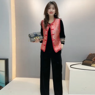 马夹上衣 外套大码 高端气质中式 国风春秋缎面提花马甲洋气坎肩无袖