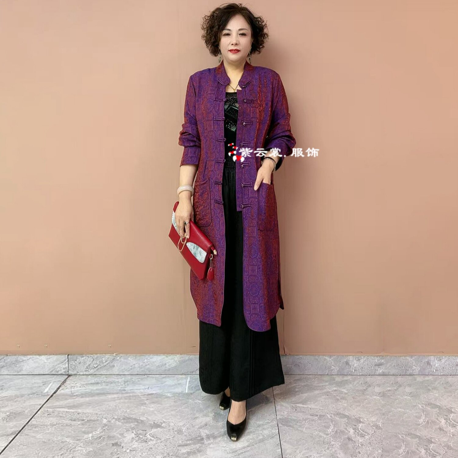 阔太太高端时尚妈妈醋酸提花国风中长款开衫宽松大码防晒风衣外套